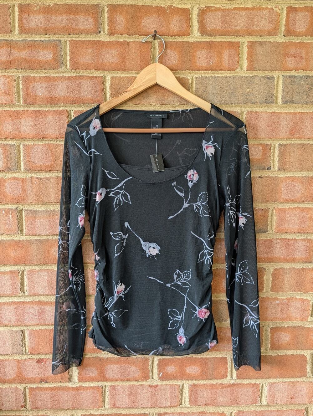 Y2K The Limited Vintage Black Floral Mesh Long Sleeve Top New Medium Whimsy Goth